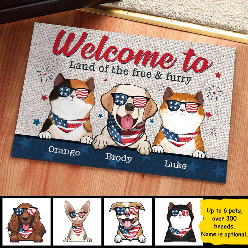 Welcome To The Land Of The Free & Furry - 4th Of July Funny Personalized Pet Decorative Mat (Cat & Dog)
