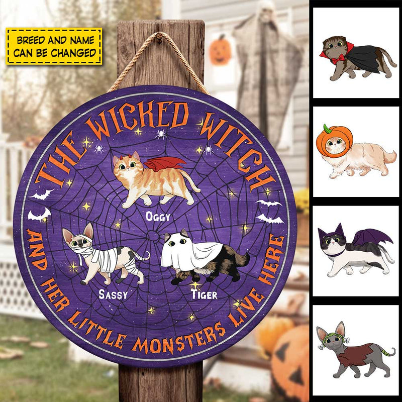 The Wicked Witch And Little Monsters Live Here - Funny Personalized Cat Door Sign, Halloween Ideas.