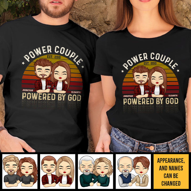 Power Couple, Powered By God - Personalized Unisex T-Shirt, Hoodie, Sweatshirt - Gift For Couple, Husband Wife, Anniversary, Engagement, Wedding, Marriage Gift