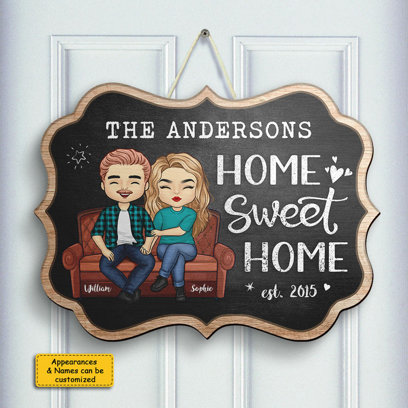 Home Sweet Home Chalk Board Style - Gift For Couples, Husband Wife, Personalized Shaped Wood Sign