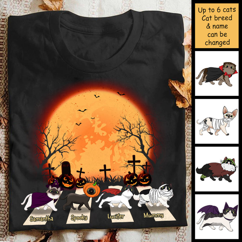 Halloween For Cats - Cat Walking Crosswalk In The Moonlight  - Personalized Unisex T-Shirt, Halloween Ideas