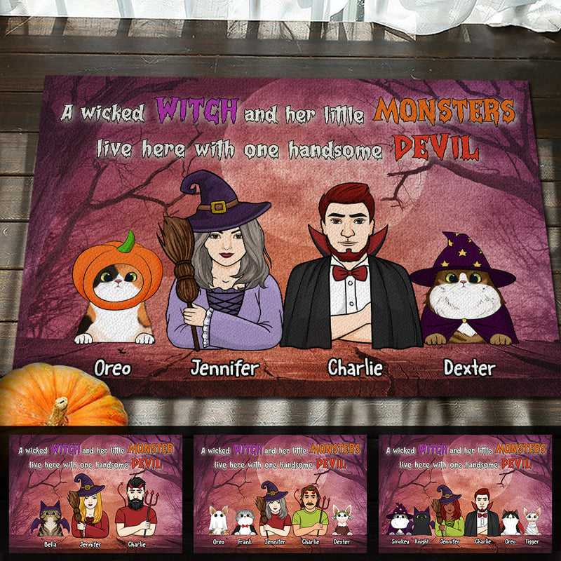 A Wicked Witch And Her Little Monsters Live Here With One Handsome Devil  - Personalized Decorative Mat, Halloween Ideas.