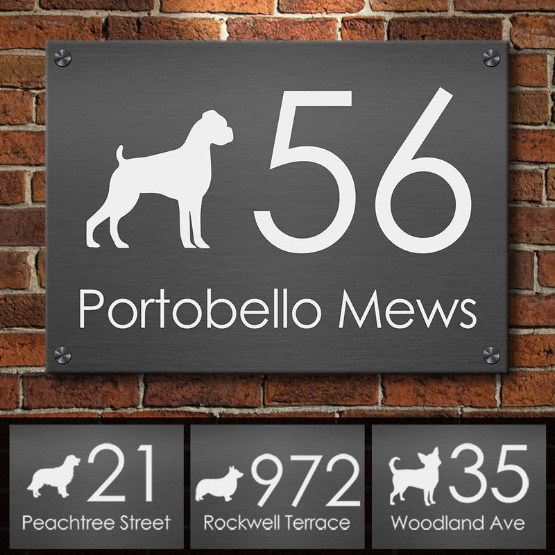 White Dog Silhouette Modern House Number - Personalized Metal Sign