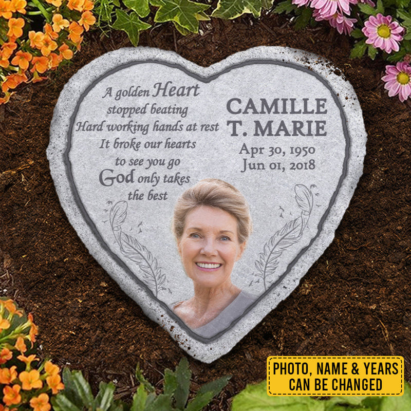 A Golden Heart Stopped Beating Hard Working Hands At Rest - Personalized Memorial Stone, Human Grave Marker - Upload Image, Memorial Gift, Sympathy Gift
