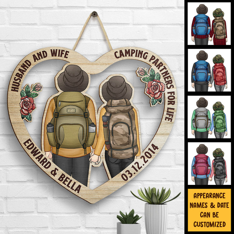 Husband And Wife, Camping Partners For Life - Gift For Camping Couples, Husband Wife, Personalized Shaped Wood Sign