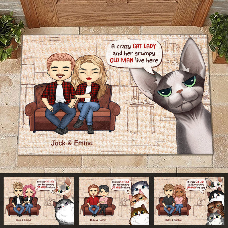 A Crazy Cat Lady And Her Grumpy Old Man Live Here - Gift For Cat Lovers, Personalized Decorative Mat
