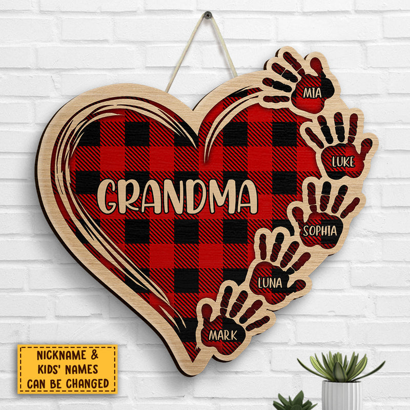 Grandma Plaid Heart And Hand Prints - Gift For Mom, Grandma - Personalized Shaped Wood Sign