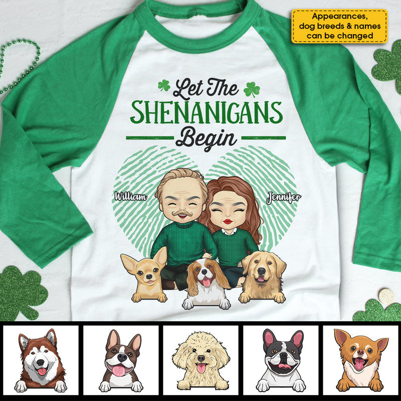 Let The Shenanigans Begin, Couple And Pets - Gift For Couples, Husband Wife, Personalized St. Patrick's Day Unisex Raglan Shirt