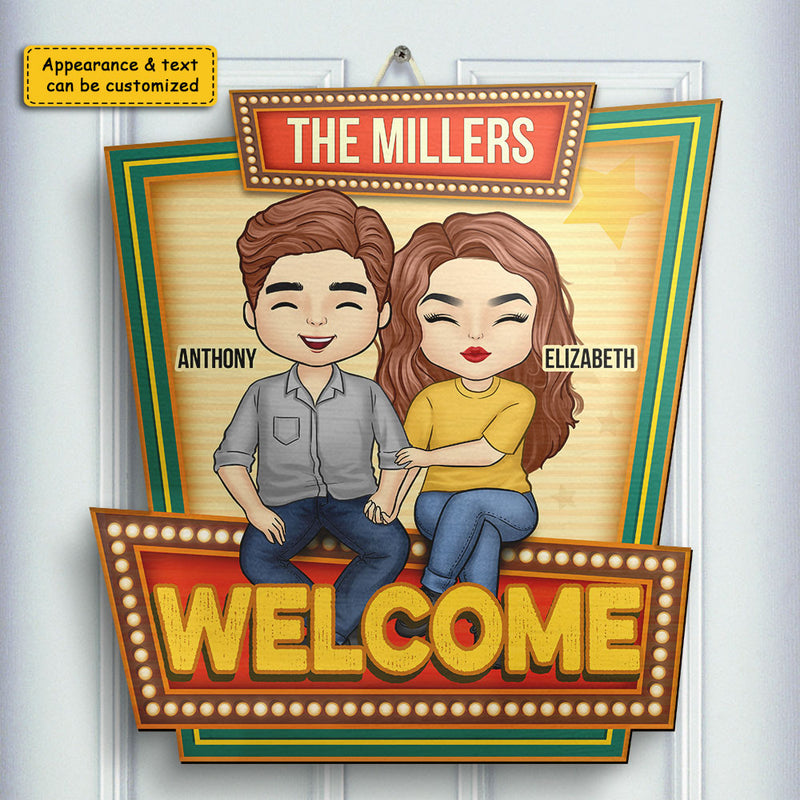 Welcome family name sign - Gift For Couples, Husband Wife, Personalized Shaped Wood Sign
