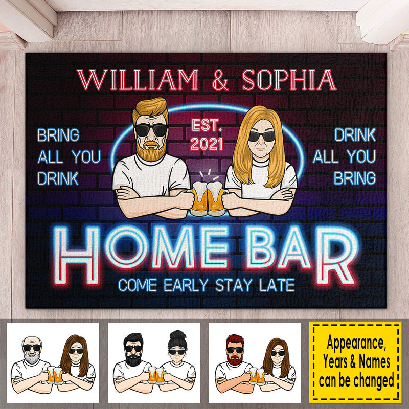 Home Bar Come Early Stay Late - Gift For Couples, Husband Wife, Personalized Decorative Mat