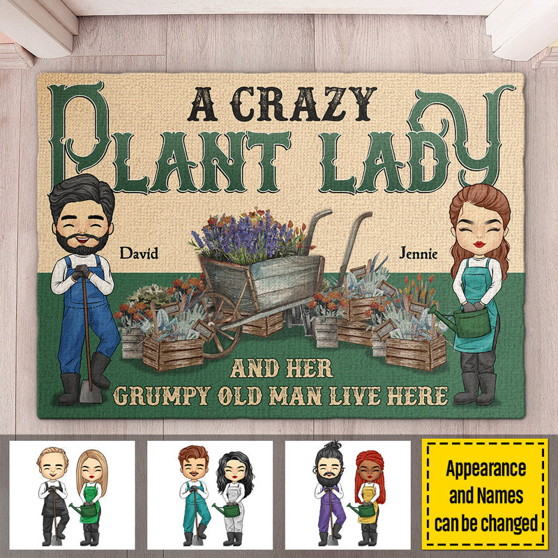 A Crazy Plant Lady And Her Grumpy Old Man Live Here - Gift For Couples, Husband Wife, Personalized Decorative Mat
