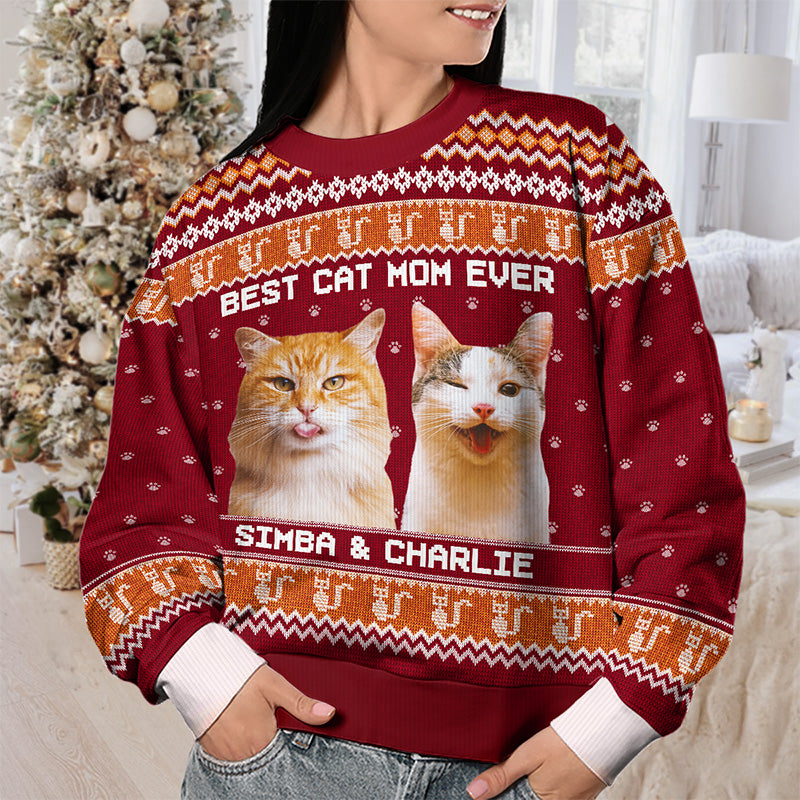 Custom Photo Born To Be A Cat Mom - Cat Personalized Custom Ugly Sweatshirt - Unisex Wool Jumper - Christmas Gift For Pet Owners, Pet Lovers
