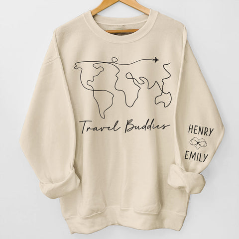 We're On The Vacay Mode - Couple Travel Personalized Custom Unisex Sweatshirt With Design On Sleeve - Holiday Vacation Gift, Gift For Adventure Travel Lovers, Husband Wife, Anniversary