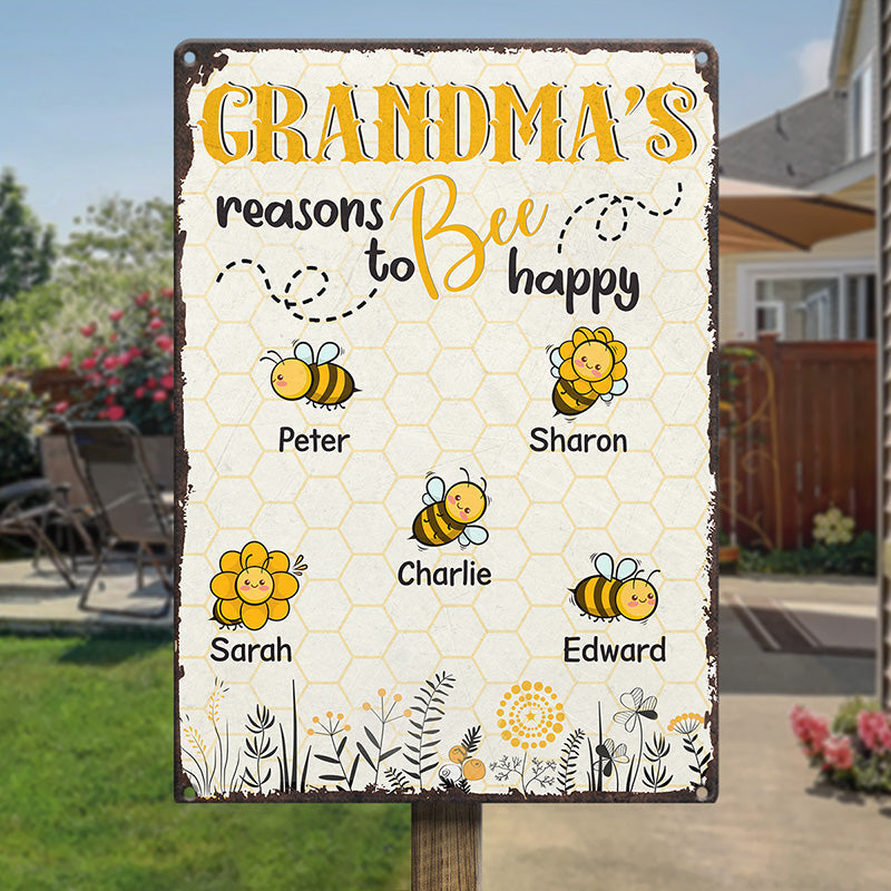 Grandma's Reasons To Bee Happy - Family Personalized Custom Home Decor Metal Sign - Gift For Grandma, Mom