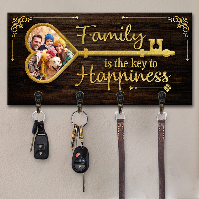Custom Photo Family Is The Key To Happiness - Family Personalized Custom Home Decor Key Hanger, Key Holder - House Warming Gift For Family Members
