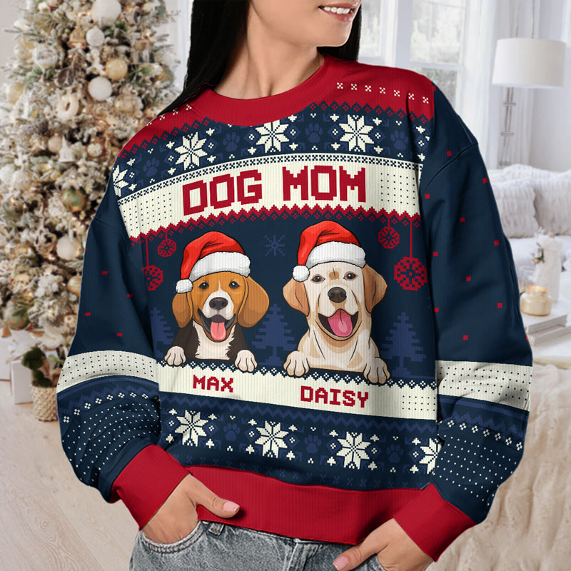 Merry Christmas, Dog Mom Dog Dad - Personalized Custom Unisex Ugly Christmas Sweatshirt, Wool Sweatshirt, All-Over-Print Sweatshirt - Gift For Dog Lovers, Pet Lovers, Christmas Gift