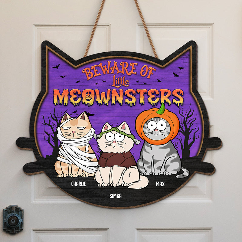Beware Of Cute Little Meownsters - Cat Personalized Custom Shaped Home Decor Wood Sign - Halloween Gift For Pet Owners, Pet Lovers