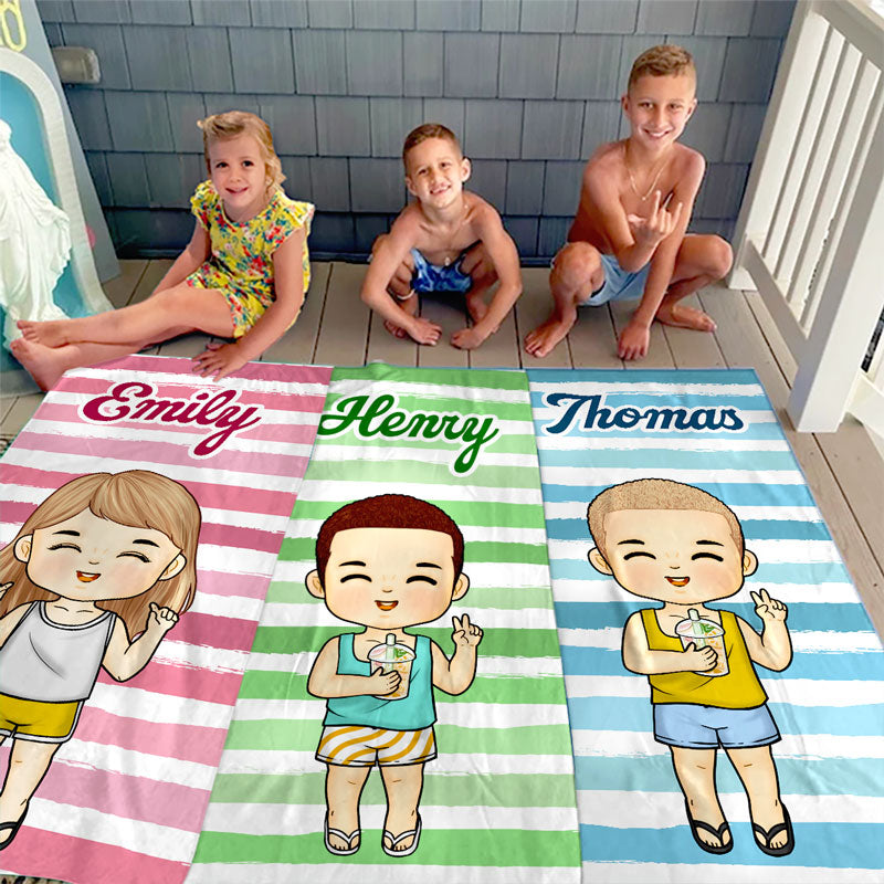 Happy Summer Beach - Family Personalized Custom Beach Towel - Summer Vacation Gift, Birthday Pool Party Gift For Family Members