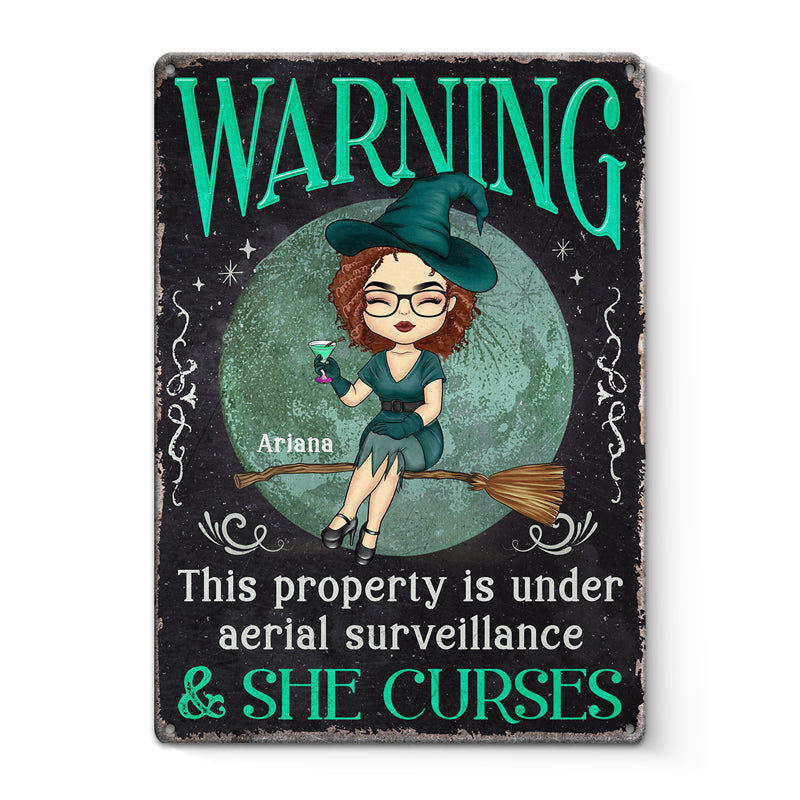 Warning This Property Is Under Aerial Surveillance - Personalized Custom Home Decor Witch Metal Sign - Halloween Gift For Witches, Yourself