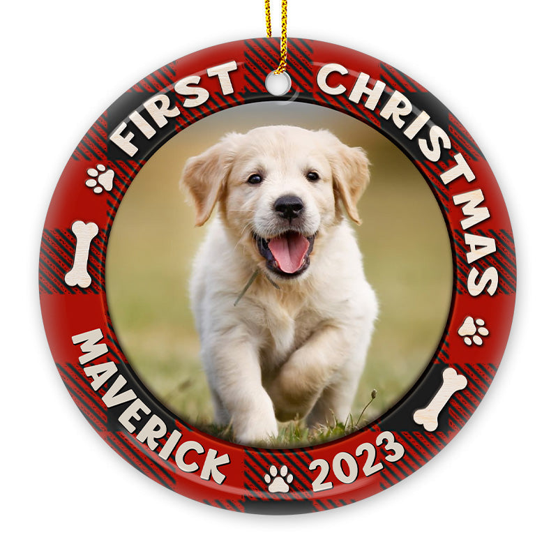 Custom Photo First Christmas - Dog & Cat Personalized Custom Ornament - Ceramic Round Shaped - Christmas Gift For Family Members, Pet Owners, Pet Lovers