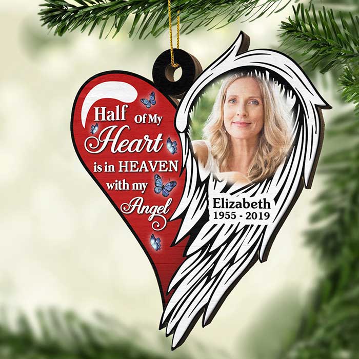 Half Of My Heart Is In Heaven With My Angel - Personalized Custom Heart Shaped Wood Christmas Ornament